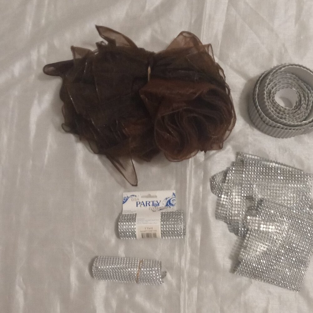 Various event decorative items brown chair ribbons faux diamond ribbons